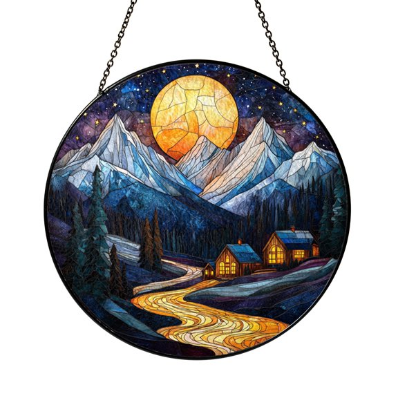Fantasy Night Sky Castle Landscape Stained Glass Style Window Suncatcher Hanging, Decorative Glass Panel Art Ornament for Book Lover Decor