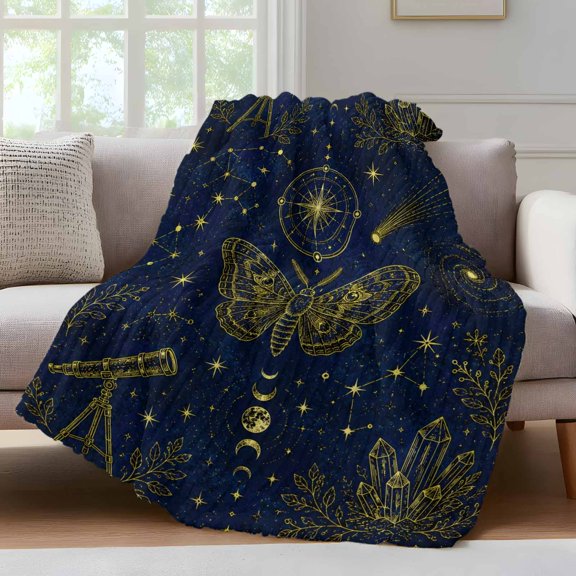 Fantasy Night Sky Throw Blanket for Couch Mythical Butterfly Moth Moon Phase Star Navy Blue Soft and Warm Flannel 3D Striped Fuzzy Fleece Blanket Lightweight Throw for Bed, Sofa 60 x 80 Inches