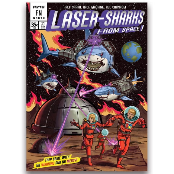 Fantasy North - Laser Sharks from Space - Comic Series - 100 Textured Matte TCG Card Sleeves - Fits Magic MTG Commander Pokemon and Other Card Games - Playing Card Sleeve