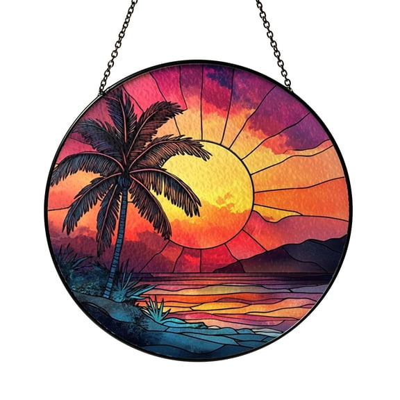 Fantasy Ocean Beach Sunset Stained Glass Window Decor – Handmade Hanging Art