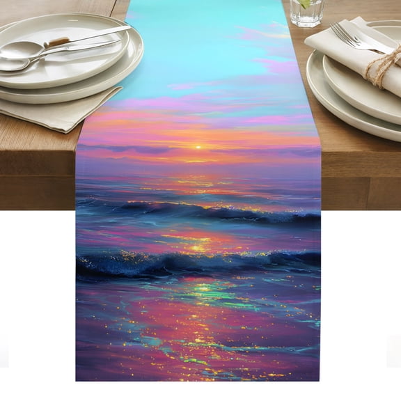 Fantasy Ocean Cotton Linen Table Runner Sparkle Waves Sea Horizon Dining Table Runners for Home Decor Party Dining Room Restaurant Kitchen Party 13" x 36"
