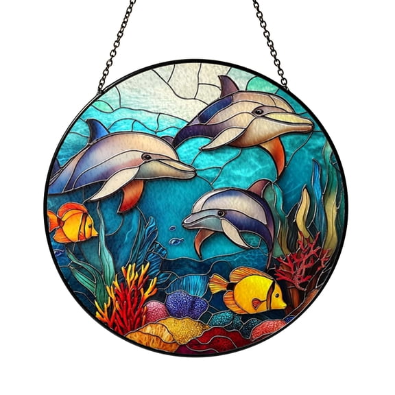 Fantasy Ocean Dolphin Stained Glass Suncatcher, Marine Life Window Hanging Decor, Underwater Reef Art Panel, Coastal Inspired Design, Decorative Home Accent, Gift for Sea Enthusiasts