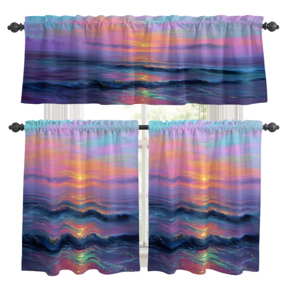 Fantasy Ocean Kitchen Curtains Set for Windows, Sparkle Waves Sea Horizon Curtains Valance and Tier 3 Piece Set Small Drapes 36 Inch Length for Kitchen Bedroom Decor