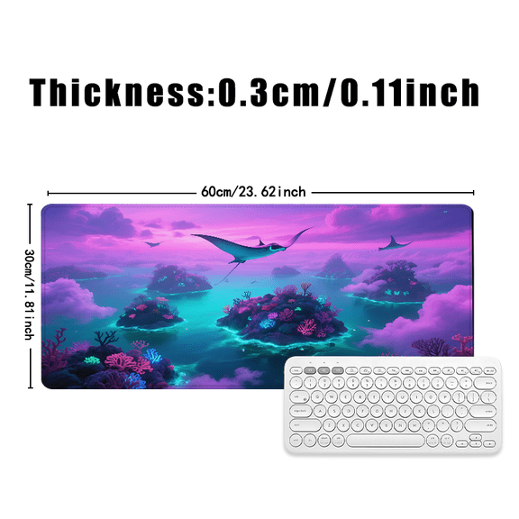Fantasy Ocean Sky Islands Mouse Pad 31.5 x 11.82 Inches Rubber Desk Mat with Glowing Coral and Flying Manta Rays Design
