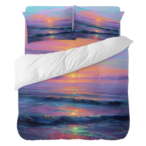 Fantasy Ocean Twin Duvet Cover Set, Sparkle Waves Sea Horizon 4 Piece Microfiber Bedding Set with Zipper Closure, Bed Sheet and 2 Pillow Shams, Soft Bedding Cover