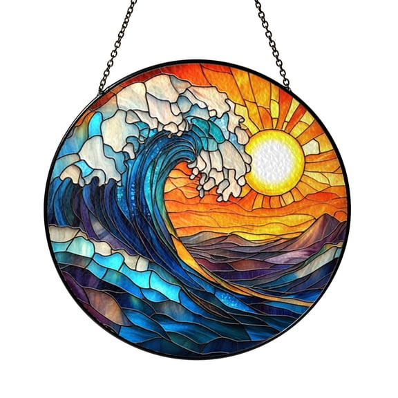 Fantasy Ocean Wave Stained Glass Window Hanging, Coastal Beach Art Decor Panel, Colorful Marine Glass Ornament for Seaside Home Accent Gift