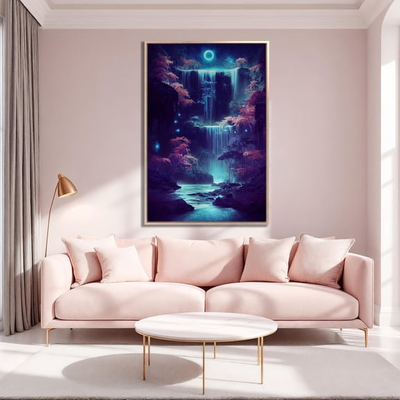 Fantasy Of Neon Waterfall In Deep Forest Glowing Colorful Look Like Fairytale Fluorescent Magic Waterfall Fantasy Forest Home Decor, 8x12 UNFRAMED