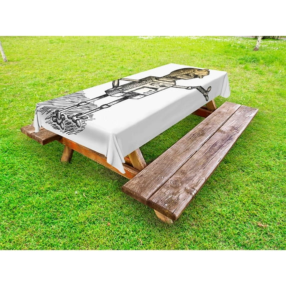 Fantasy Outdoor Tablecloth, Hand Drawn Theme of Robot Sketch Humor Character Artsy Illustration, Decorative Washable Fabric Picnic Table Cloth, 58 X 84 Inches,Black Grey Pale Marigold, by Ambesonne