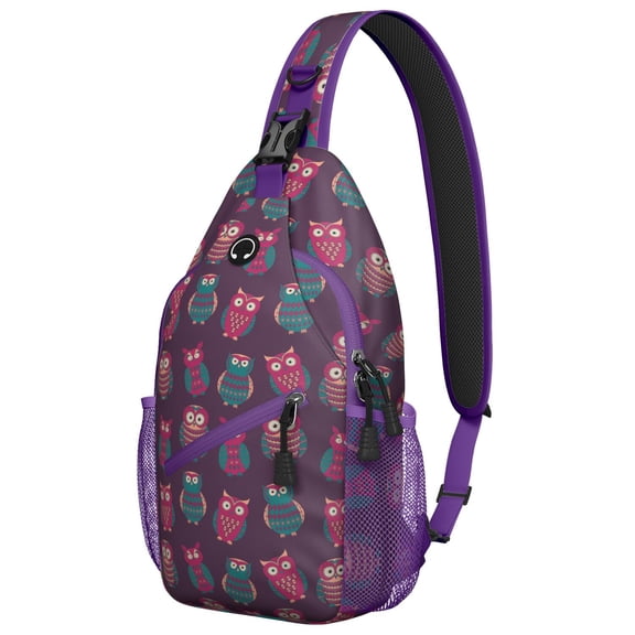 Fantasy Owl Night Sky Sling Backpack, Artistic Owl and Magical Moon Print Crossbody Bag with Hand-drawn Cartoon Bird Pattern