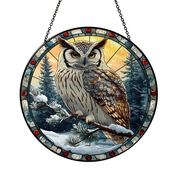 Fantasy Owl Stained Glass Suncatcher, Snowy Forest Window Hanging Decor, Decorative Art Panel, Nature Inspired Design, Reading Nook Accent, Unique Gift for Owl Lovers