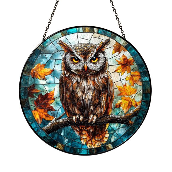 Fantasy Owl with Moonlit Background Stained Glass Style Suncatcher, Decorative Window Hanging Art