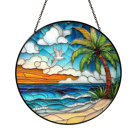 Fantasy Palm Tree Ocean View Stained Glass Window Decor – Handmade Beach Hanging Art