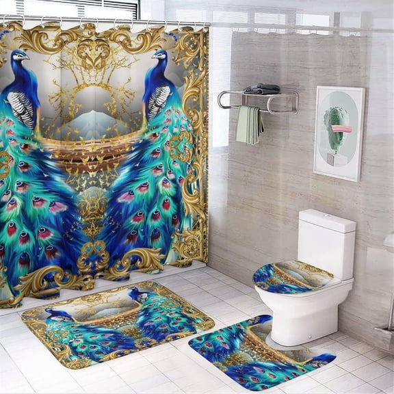 Fantasy Peacock Luxury 4 Piece Shower Curtain Sets, Non-Slip Rugs, Toilet Lid Cover and Bath Mat, Durable and Waterproof, for Bathroom Decor Set One