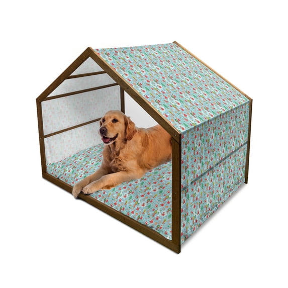 Fantasy Pet House, Red Riding Hood Tale Themed Illustration with House and Big Bad Wold in the Forest, Outdoor & Indoor Portable Dog Kennel with Pillow and Cover, 5 Sizes, Multicolor, by Ambesonne