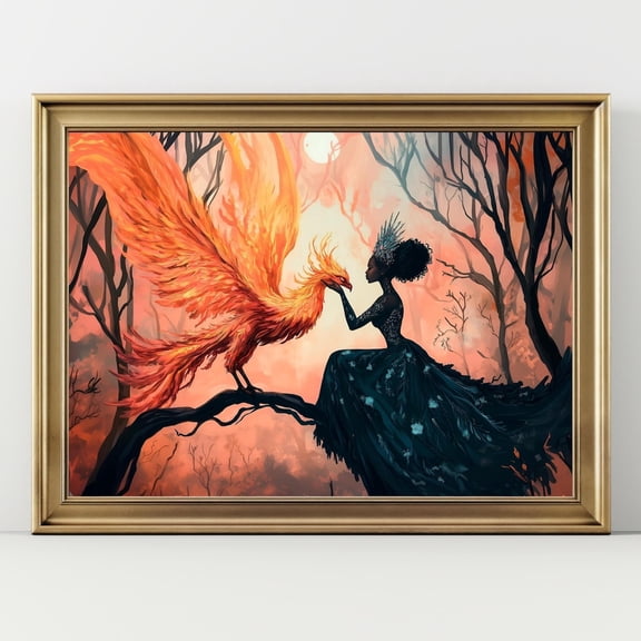 Fantasy Phoenix Art Enchanted Woman Mythical Creature Magical Forest Decor, UNFRAMED Size 16x16