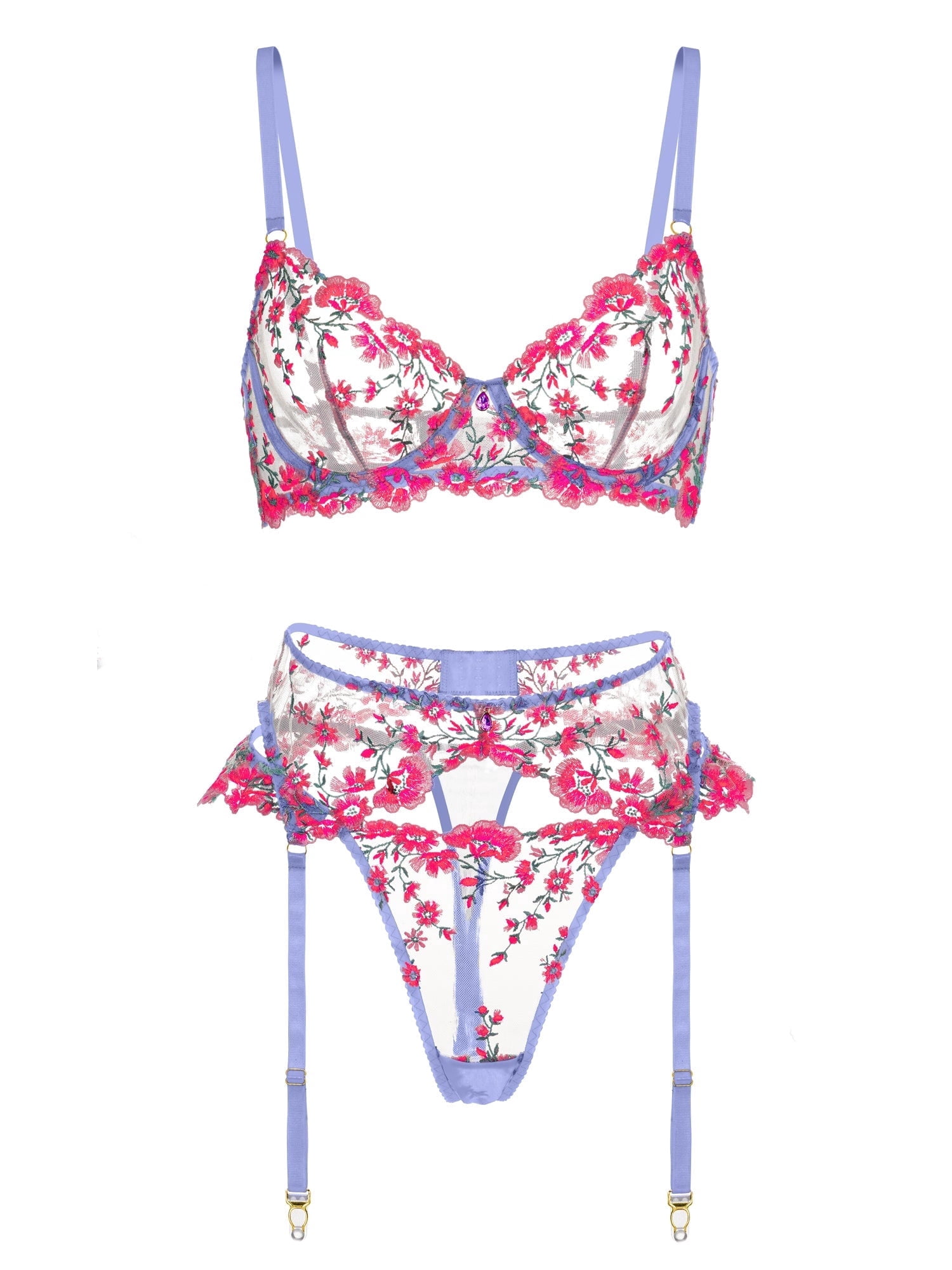 Fantasy Pink Bloom Embroidery Lingerie Set (PINK, M)