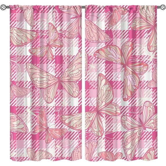 Fantasy Pink Butterfly Window Curtains, Geometric Plaid Pattern Rod Pocket Breathable Curtains, Lightweight Privacy Curtains Decor 2-Panel Set Soft Feel Easy to Clean for Living Room-W42xL54in