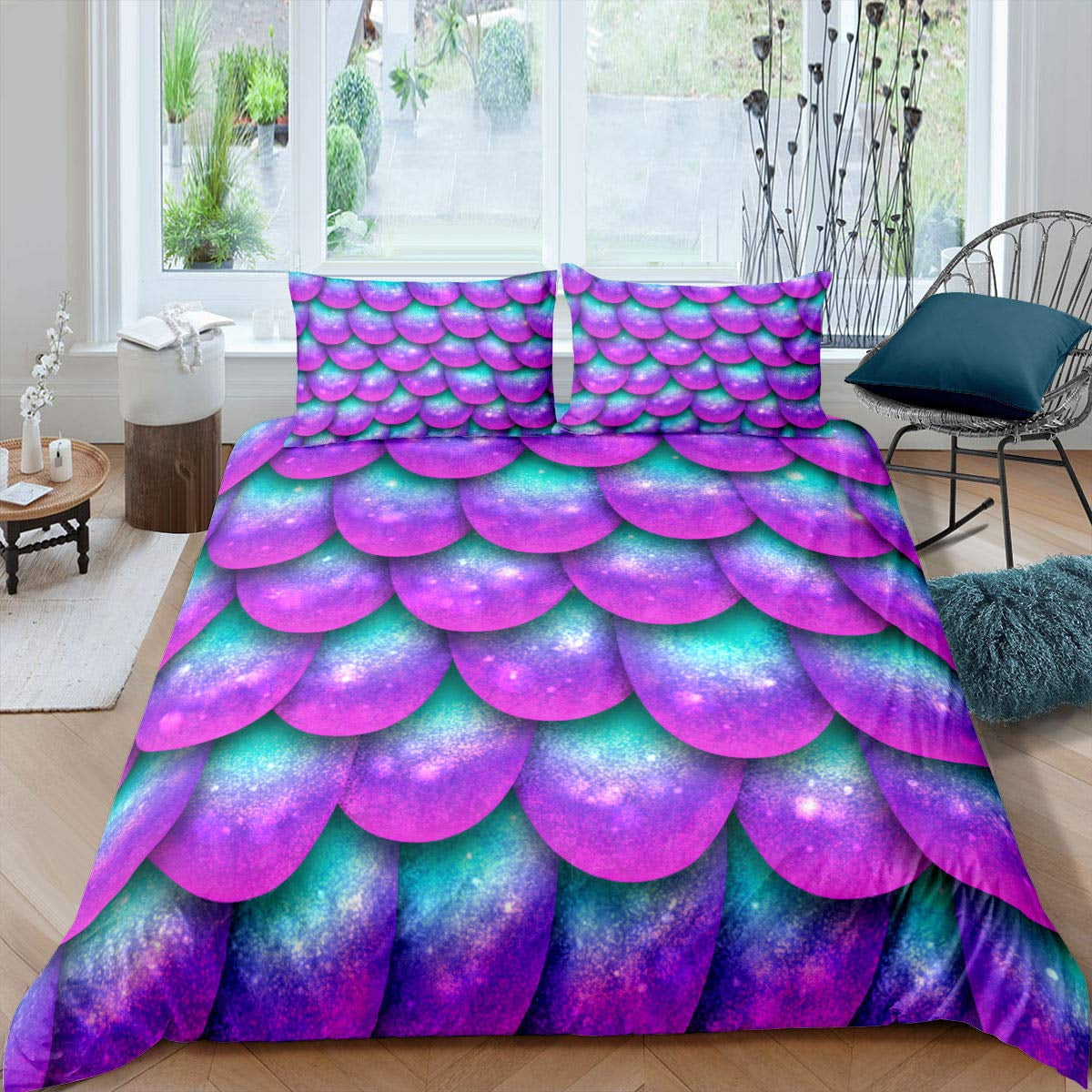 Fantasy Pink Mermaid Scales Duvet Cover Set Colorful Fish Scales Bedding Sets Comforter Cover