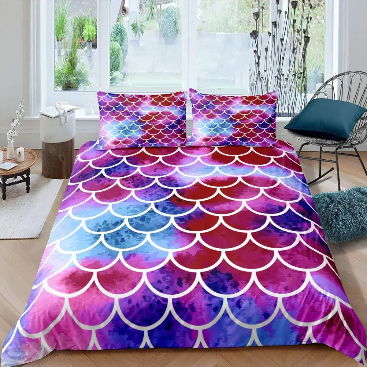 Fantasy Pink Mermaid Scales Duvet Cover Set Colorful Fish Scales Bedding Sets Comforter Cover