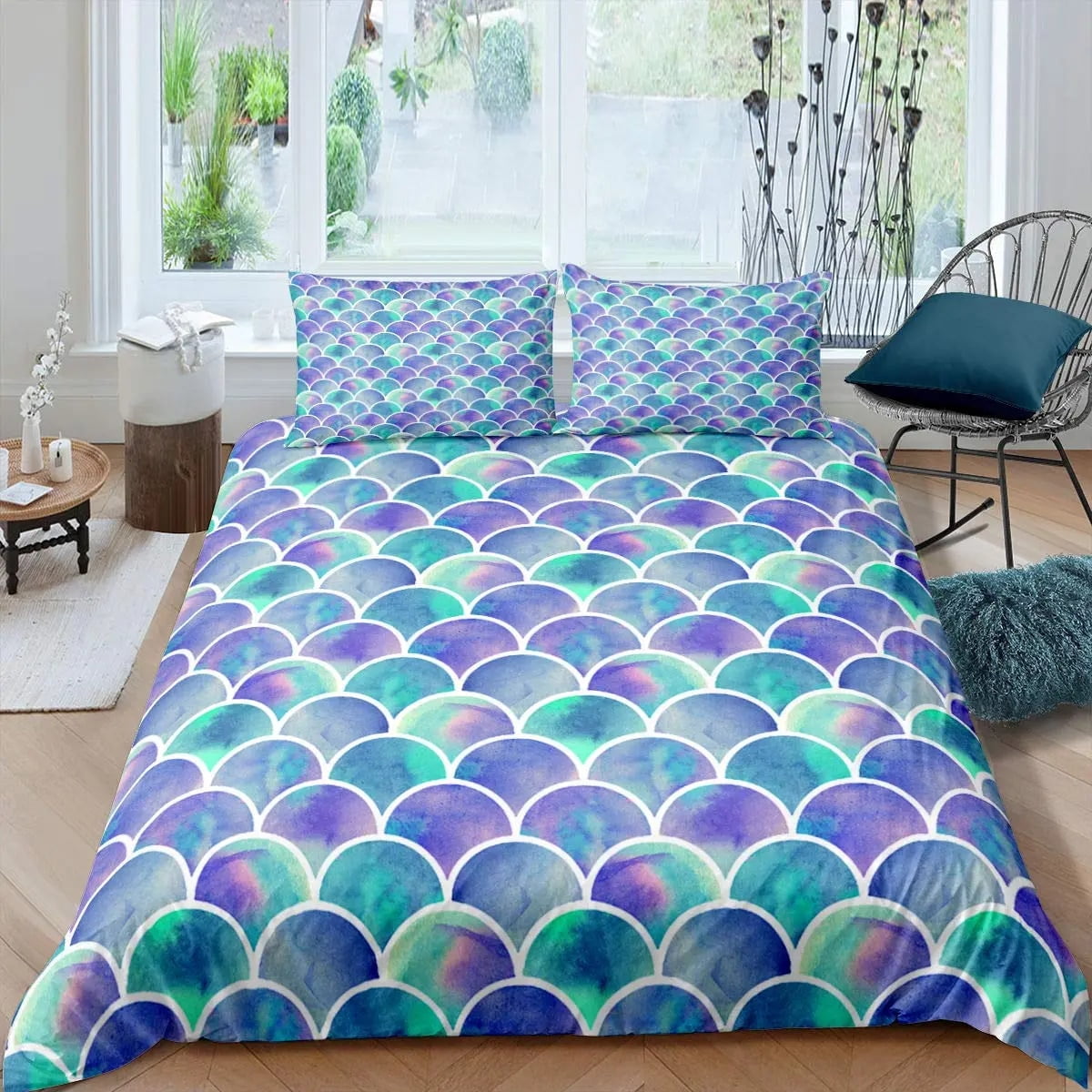 Fantasy Pink Mermaid Scales Duvet Cover Set Colorful Fish Scales Bedding Sets Comforter Cover