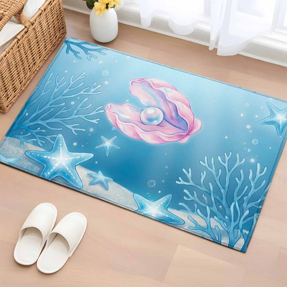 Fantasy Pink Shell 2'x3' Rug for Entryway Front Door Kitchen Sink Area, Blue Starfish Coral Oceans Seafloor Low Pile Non Slip Rectangle Area Rug, Machine Washable Indoor Outdoor Mat