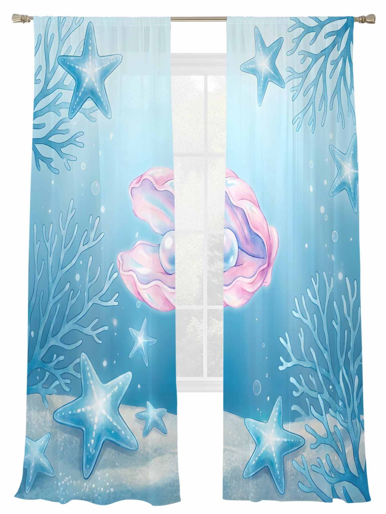Fantasy Pink Shell Sheer Curtains 2 Panels Set Blue Starfish Coral ...