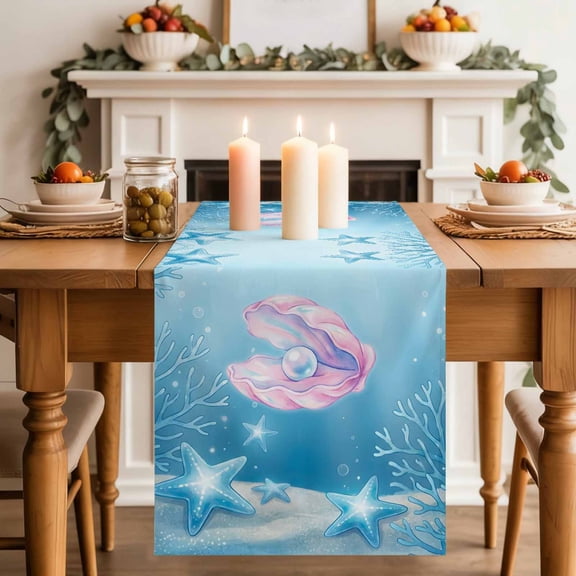 Fantasy Pink Shell Table Runner, Blue Starfish Coral Oceans Seafloor Cotton Linen Kitchen Table Decoration Washable Dining Tabletop Runners for Home Party Decor 13x36 Inches