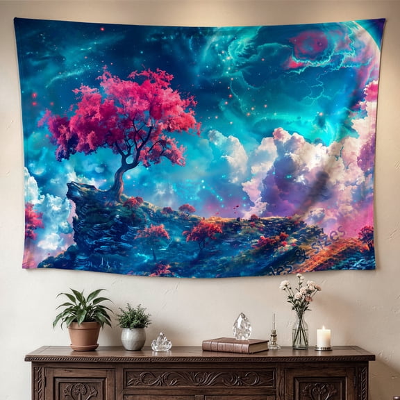 Fantasy Pink Tree Galaxy Cosmic Landscape Wall tapestry,Large size Printed Horizontal Tapestry blanket,Polyester Fabric Wall Hanging for bedroom,living room,No Installation Required,Indoor,Outdoor,Gi