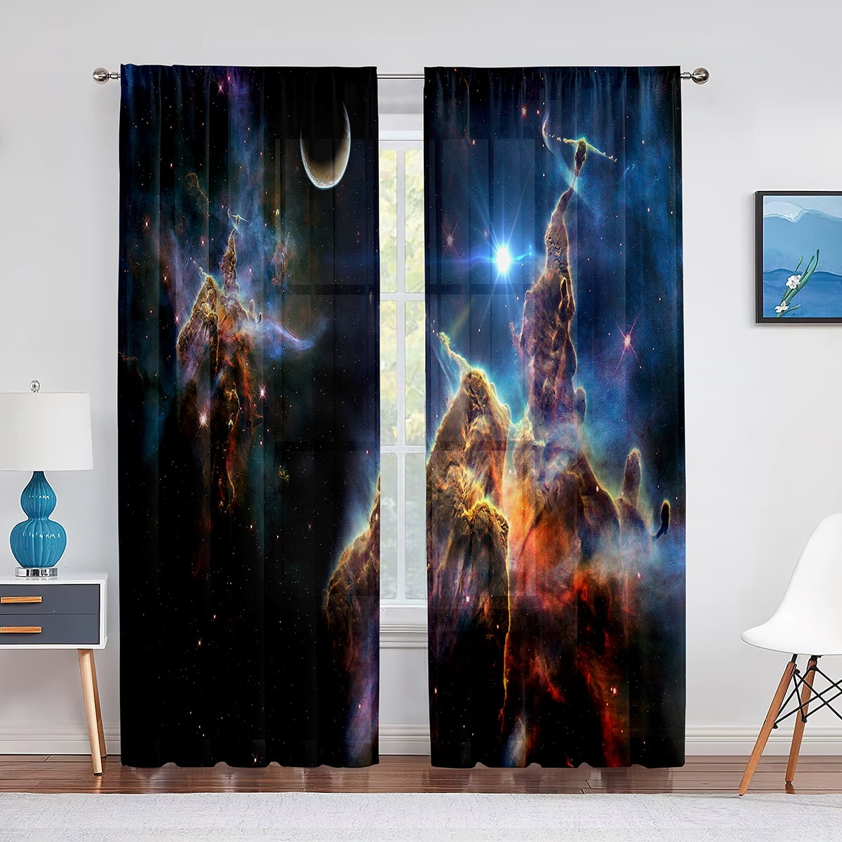 Fantasy Cloud Sky Mountain Blue Moon Sheer Curtain for Living
