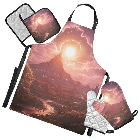 Fantasy Planet Oven Mitts and Pot Holders with Chef Apron Set 5 Pcs Kitchen Cooking Set