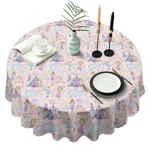 Fantasy Princess Castle Pattern Round Tablecloth 60"x60",Wrinkle Wipeable Table Cloth for Kitchen Dining Room Picnic Patio Party