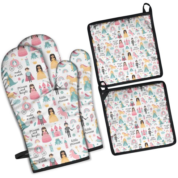 Fantasy Princess Pattern Kitchen Oven Mitt and Pot Holder Sets 2 Pcs for Baking, Cooking and Grilling, Heat Resistant Up To 392 °F