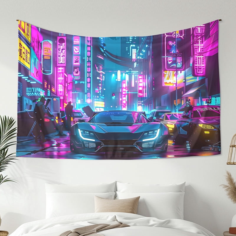JDM Car Art Tapestry - White R32 Neon City Night Scene Wall Hanging, 60x80 Inches, For Bedroom & Living Room
