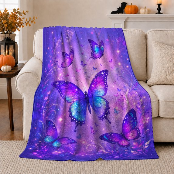 Fantasy Purple Butterfly Galaxy Design, Mystical Celestial Art Scene, Warm Flannel Blanket for Home Library and Reading Nook, Celestial Art Lovers Thanksgiving Gift, Fantasy Home Decor