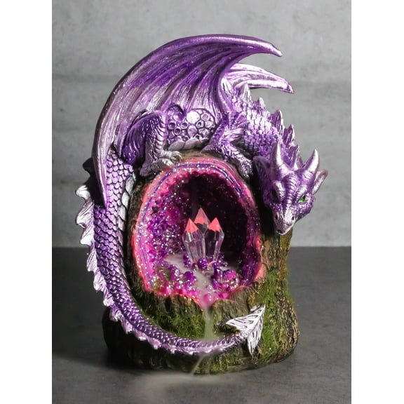 Fantasy Purple Moon Crater Dragon On Faux Geode Crystal Cove LED Light Figurine