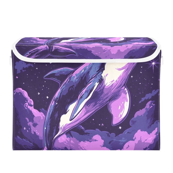 Fantasy Purple Whale Large Storage Bins with Linen Collapsible Lid Storage Box 16.7 x 12.6 x 11.8in
