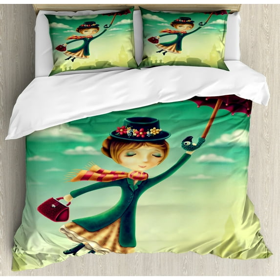 Fantasy Queen Size Duvet Cover Set, Cartoon Fairy Tale Nanny with Magical Umbrella and Bag Flying over London Skyline, Decorative 3 Piece Bedding Set with 2 Pillow Shams, Multicolor, by Ambesonne