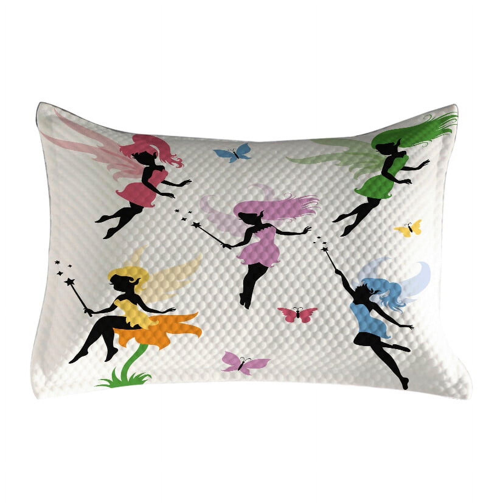 Fantasy Quilted Pillowcover, Pixie Elf Fairies Flying with Butterflies