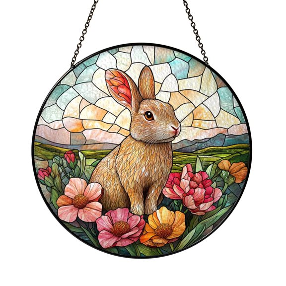 Fantasy Rabbit Stained Glass Style Window Suncatcher, Decorative Bunny Hanging Art Panel, Colorful Glass Ornament for Nature Home Decor, Unique Gift for Animal Fans
