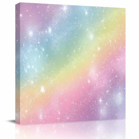 Fantasy Rainbow Gradient Color Canvas Artwork Painting Art, Abstract Colorful Starry Sky Square Framed Wall Decorations Prints Picture for Bedroom Kitchen Living Room, 8x8 in