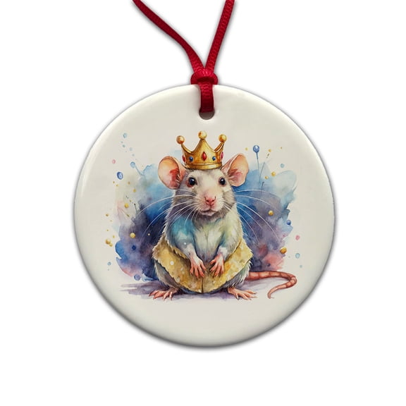 Fantasy Rat Mouse King Watercolor Christmas Tree Holiday Round Ceramic Ornament