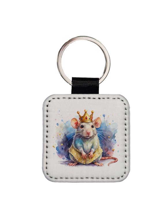 Fantasy Rat Mouse King Watercolor Faux Leather Square Keychain