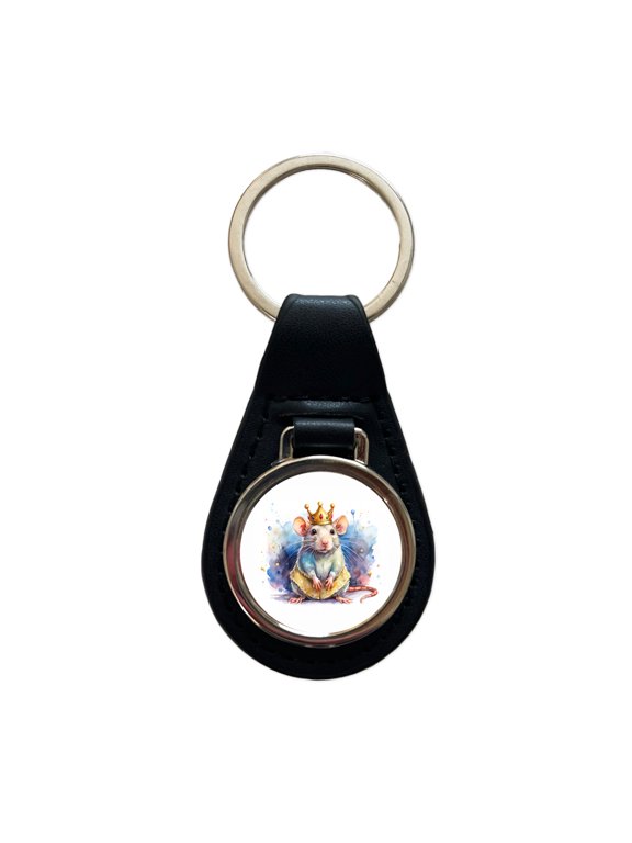 Fantasy Rat Mouse King Watercolor Metal Black Leather Keychain