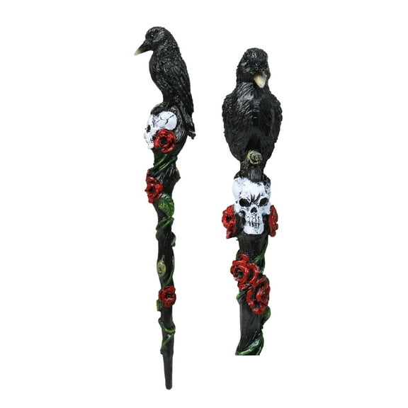 Fantasy Raven Crow Perching On White Skull with Rose Vines Decorative Magic Wand