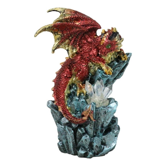 Fantasy Red And Gold Geode Dragon Perching On Crystal Rock Cavern Small Figurine