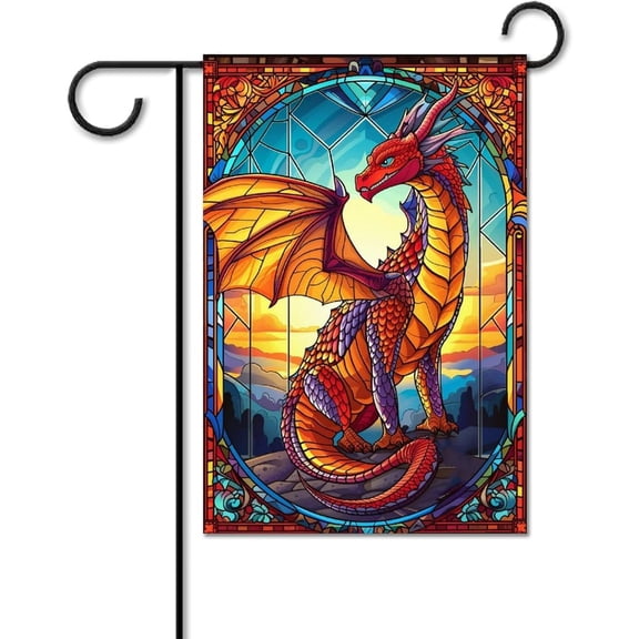 Fantasy Red Dragon Garden Flag Stained Glass Style Double Sided Yard Lawn Outdoor Decoration 12 x 18 Inch Summer Holiday