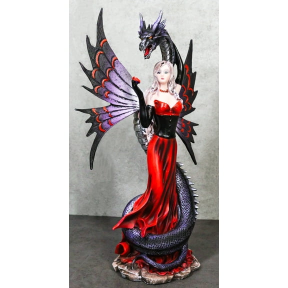 Fantasy Red Gowned Gothic Rose Fairy With Black Grendel Volcano Dragon Figurine