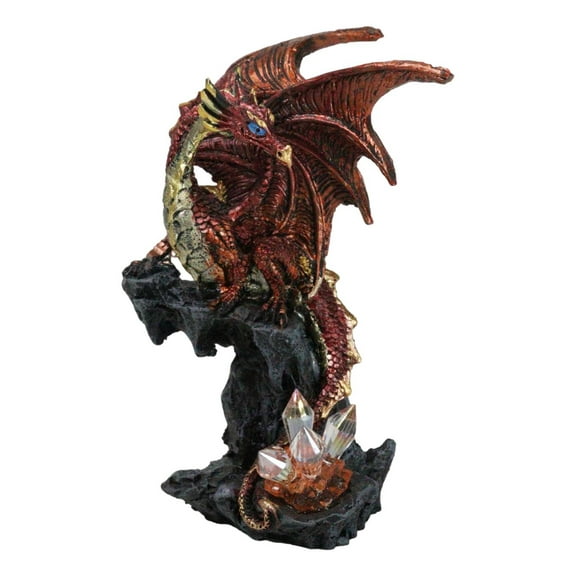 Fantasy Red Volcano Dragon Perching On Rock Cavern with Crystals Small Figurine