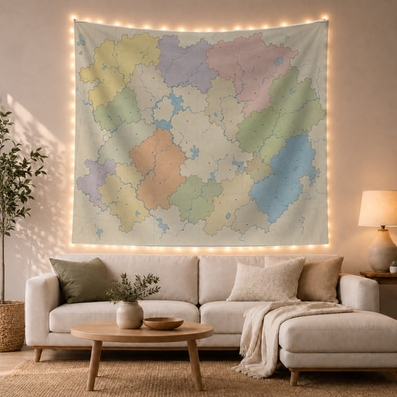 Fantasy Region Map on Faded Parchment Background, Calming Vintage for Map Lovers, Cartography Wall Art Decor, Housewarming Gift Tapestry Wall Hanging for Office and Study Room