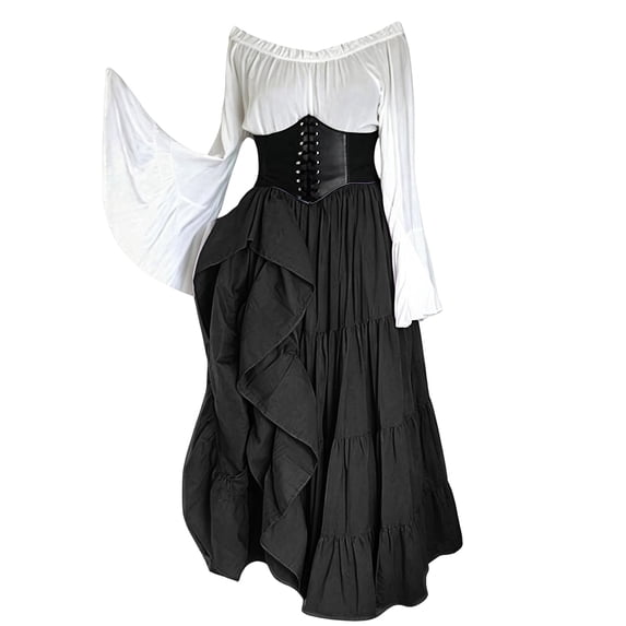 Fantasy Renaissance Outfit, Off Shoulder Ruffle Renaissance Skirt Outfit, Corset High Waist Tiered Irregular Medieval Flowy Maxi Skirt for Halloween Pirate Cosplay Party, Black XL